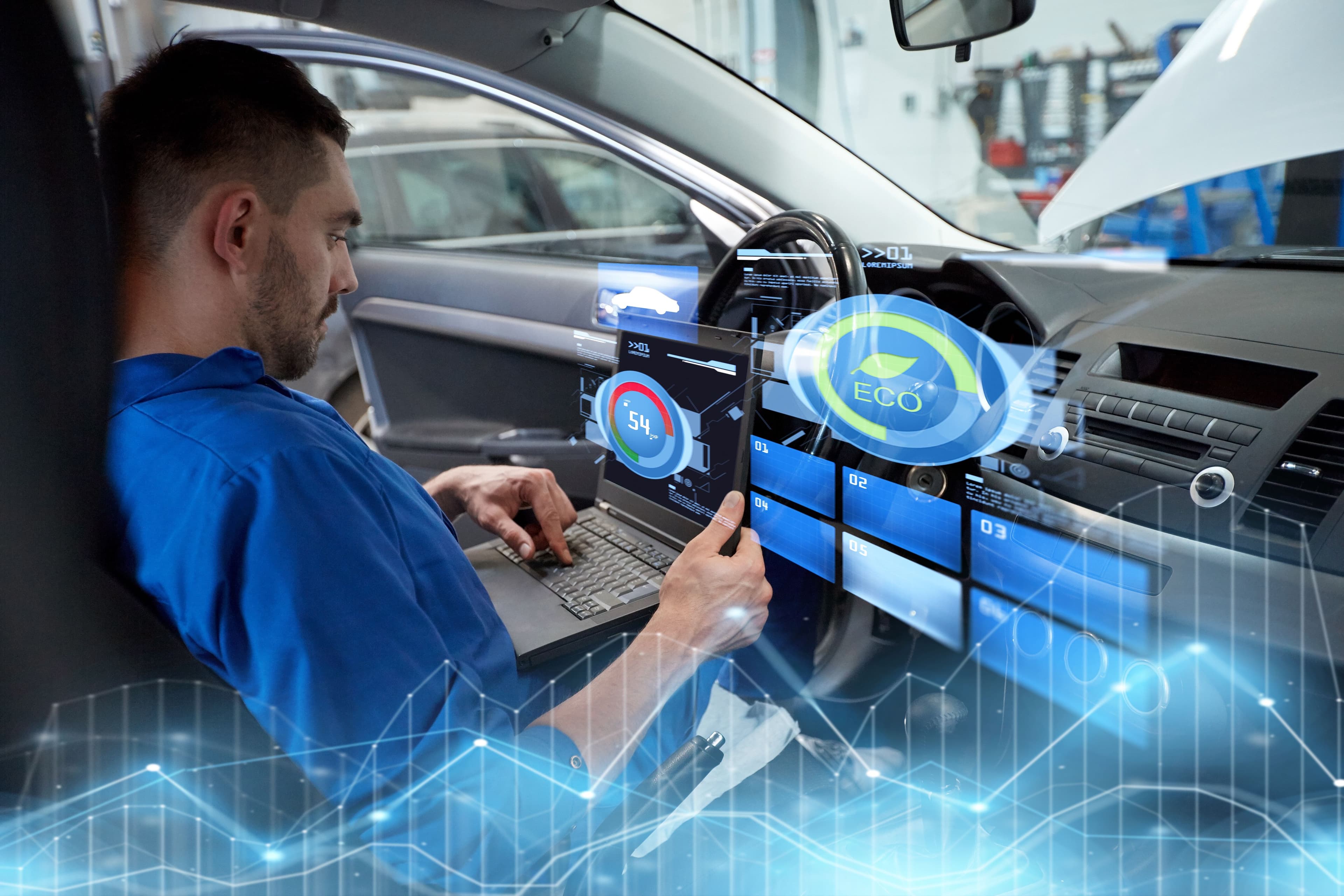 car service repair maintenance people concept mechanic man with laptop computer making system diagnostic workshop