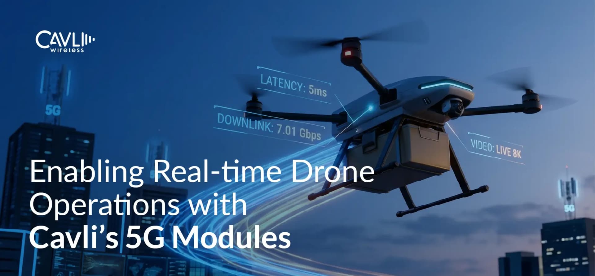 Marketing banner featuring a connected drone flying over a smart city skyline powered by Cavli 5G modules. The drone is shown transmitting real-time data with overlay graphics highlighting 5 ms latency, 7.01 Gbps downlink speeds, and live 8K video streaming. Multiple 5G towers and data visualization elements illustrate ultra-fast, low-latency wireless communication for autonomous drone operations, remote monitoring, and high-bandwidth aerial applications.